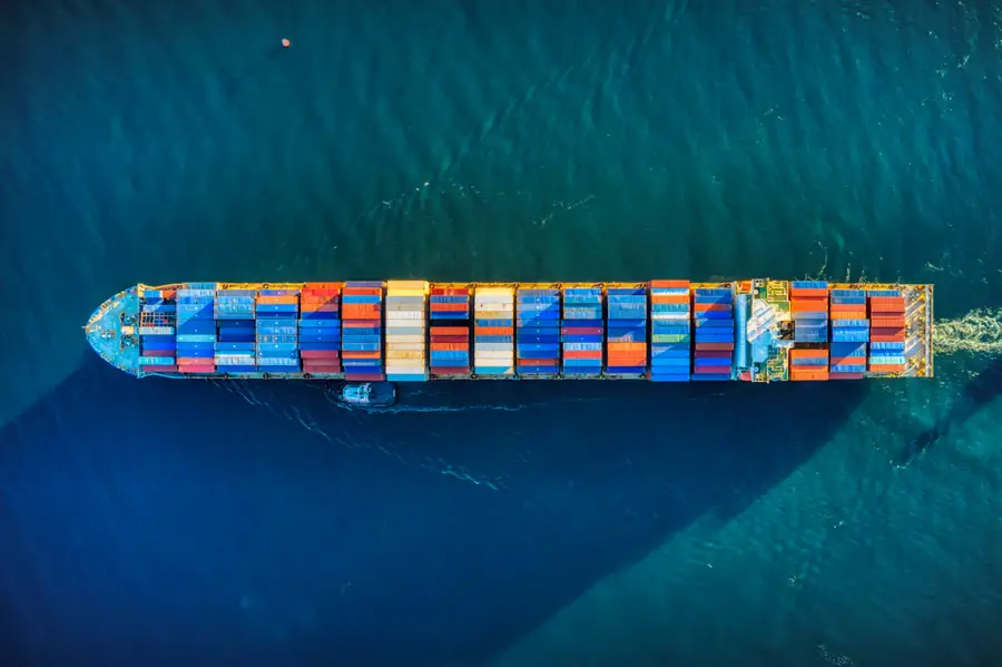 Aerial view of a container ship at sea