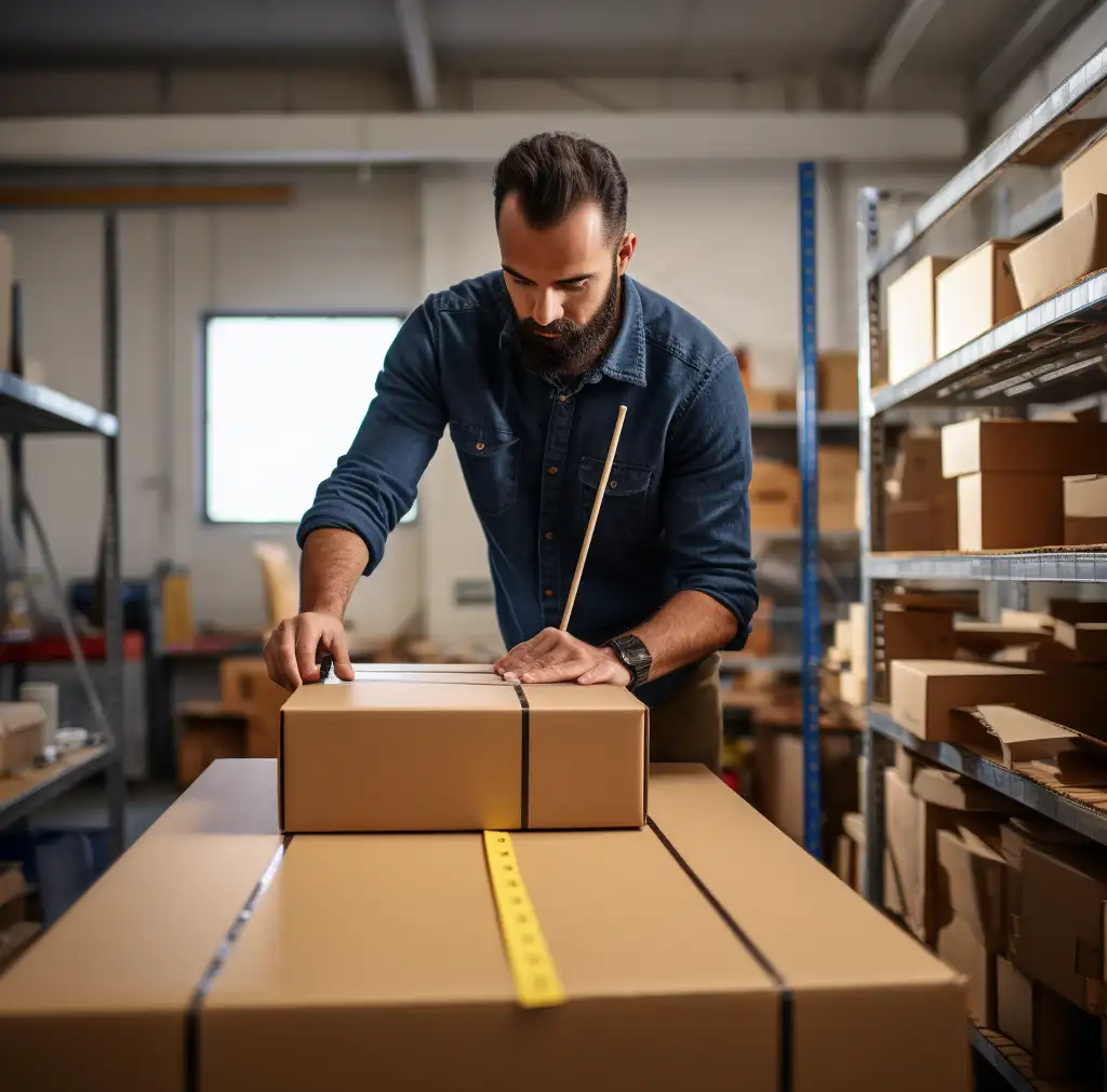 A man measuring a box for shipping